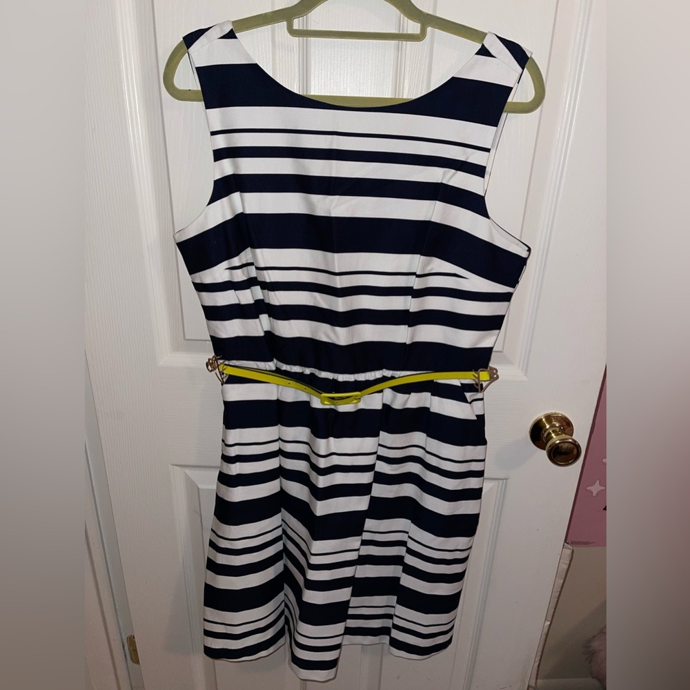 The Limited navy and white striped dress with yellow belt 14